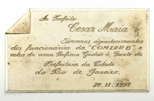 imagem: Placa comemorativa - Agradecimento dos funcionários da Comlurb